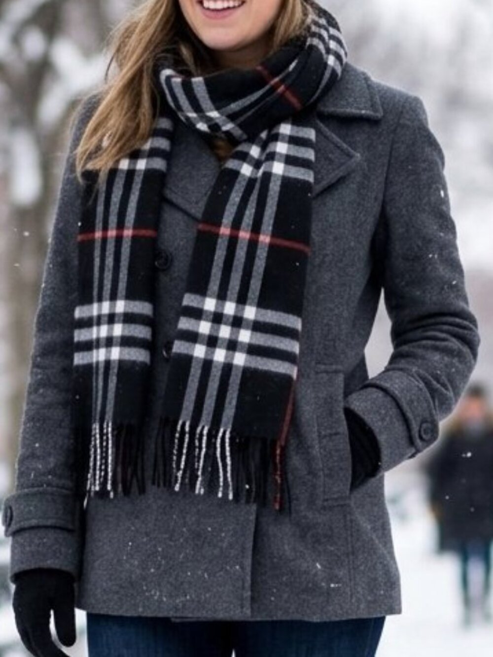 Cashmere Blend Fringed Black White Plaid Winter Scarf Soft Classic Pattern